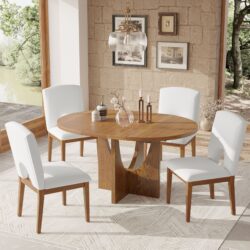 Topmax - 5 Piece Modern Extendable Round Dining Table Set With Removable Leaf For Small Places - Walnut / Beige