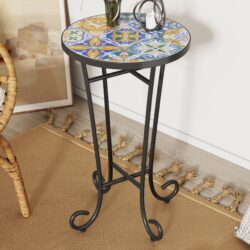 Vibrant French Country Patio Side Table Ceramic Tile And Iron Frame - Colorful / Black