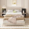 Queen Size Floating Platform Bed, With LED Lights, Bedside Nightstand - Natural - Image 13