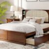 Queen Size Headboard Bed With 2 Drawers And Trundle Walnut - Image 15