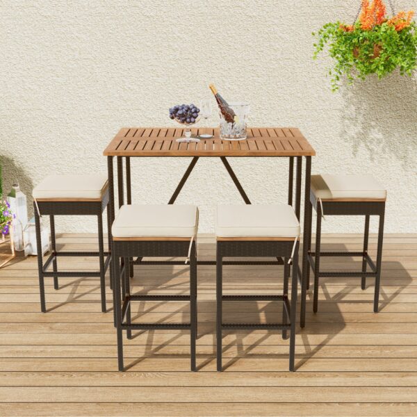 5 Piece Outdoor Acacia Wood Bar Height Table And 4 Stools With Cushions, Garden Wicker Dining Table, Foldable Tabletop, High Dining Bistro Set, All-Weather Patio Furniture - Brown