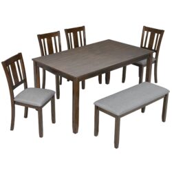 6 Pieces Kitchen Dining Set, Rectangular Wooden Dining Table With 4 Upholstered Chairs And A Bench - Walnut