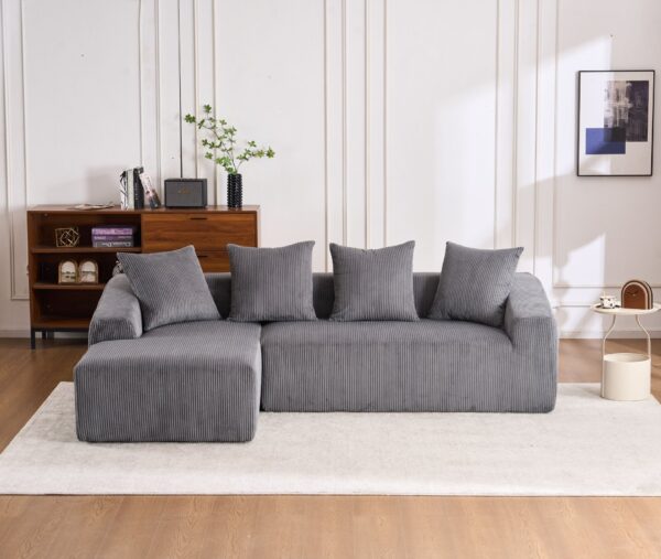 Compression Sofa: Combining Chaise Longue With 3 Seater, Corduroy Fabric, Full Sponge Compression Sofa, Combined Sofa With 4 Pillows For Living / Home Furniture / Apartment - Gray