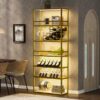 LED Tall LED Tall Wine Rack Freestanding Floor, 7 Tier Wine Baker Rack With Glass Holder & Wine Storage, Industrial Wine Display Shelf Wine Bar Cabinet For Bar - White / Gold - Image 11