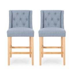 Vienna - Contemporary Fabric Tufted Wingback 27 Inch Counter Stools, (Set of 2) - Light Blue / Natural