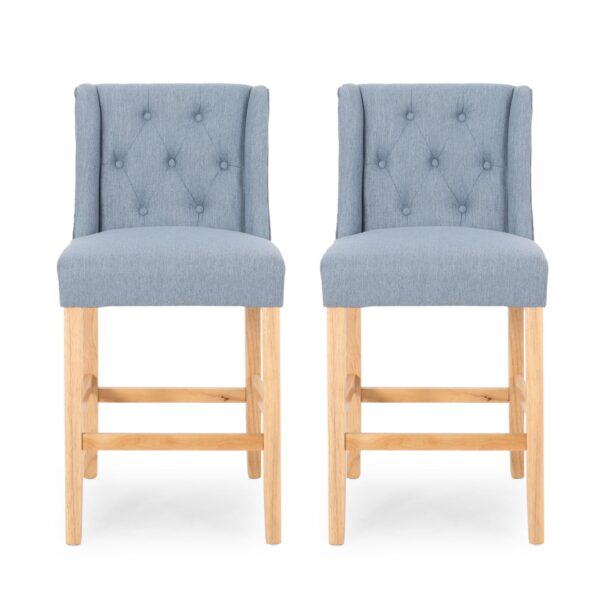 Vienna - Contemporary Fabric Tufted Wingback 27 Inch Counter Stools, (Set of 2) - Light Blue / Natural
