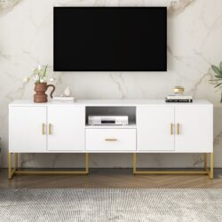 Modern TV Stand For TV Up To 70", TV Cabinet With 1 Drawer, 2 Cabinets And Metal Legs, Handles And Anti-Tip Device For Living Room - White