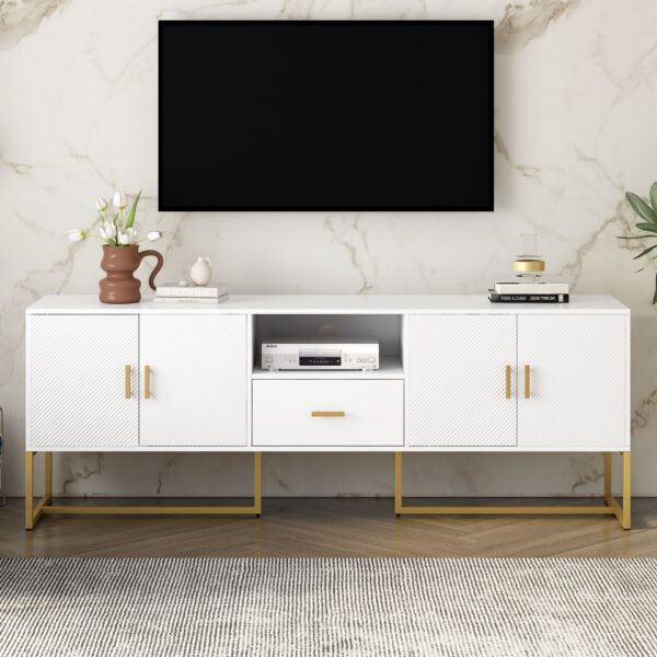 Modern TV Stand For TV Up To 70", TV Cabinet With 1 Drawer, 2 Cabinets And Metal Legs, Handles And Anti-Tip Device For Living Room - White