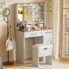 Farmhouse Makeup Vanity Desk With Mirror And Lights, 3 Lighting Modes, Vanity Set With Stool, Dressing Table With Adjustable Shelves, 2 Drawers And Side Cabinet For Bedroom - White - Image 4
