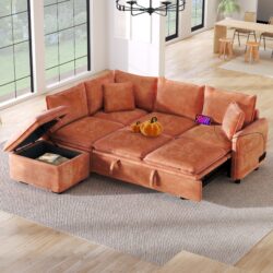 Convertible Sofa Bed Sectional Sofa Sleeper L-Shaped Sofa With A Storage Ottoman, Two Pillows, Two Power Sockets And Two USB Ports For Living Room - Orange
