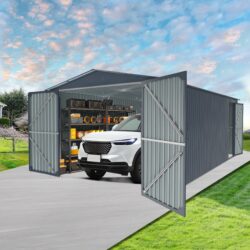 Outdoor Storage Shed, Metal Garage Shed Backyard Utility Tool House Building With 2 Doors And 4 Vents For Car, Truck, Bike, Garbage Can, Tool, Lawnmower - Black