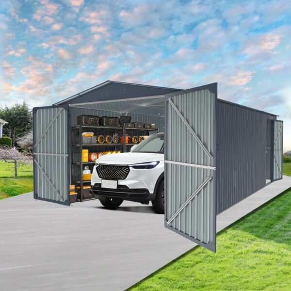 Outdoor Storage Shed, Metal Garage Shed Backyard Utility Tool House Building With 2 Doors And 4 Vents For Car, Truck, Bike, Garbage Can, Tool, Lawnmower - Black