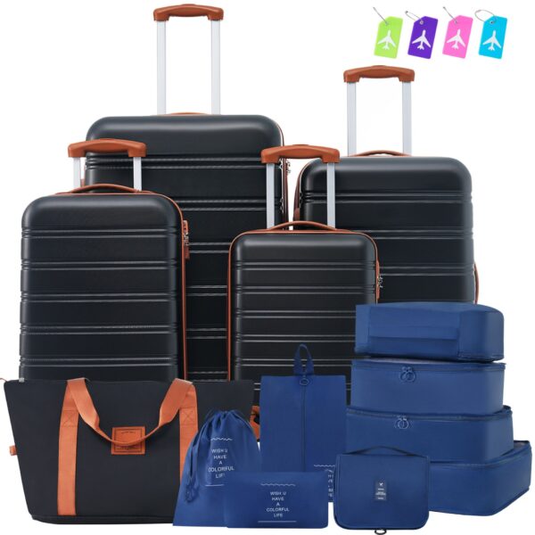 Hardshell Luggage Sets 4 Pieces + Bag Spinner Suitcase With Tsa Lock Lightweight - 16" / 20" / 24" / 28" Luggages - Black / Brown