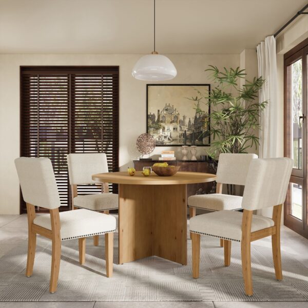 Topmax - 5 Piece Modern Round Dining Table Set Pedestal Kitchen Table Set With 4 Upholstered Dining Chairs For Studio, Apartment, Small Places - Natural