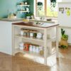 Solid Wood Rustic 3 Piece Stationary Kitchen Island Set With 2 Seatings, Rubber Wood Butcher Block Dining Table Set Prep Table Set With 2 Open Shelves For Small Places - Walnut / Cream White - Image 3