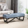Upholstered Ottoman With Button Tufted Waffle Stitch And Black Geometric Legs - Light Blue - Image 8