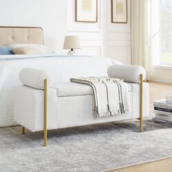 Elegant Upholstered Linen Storage Bench With Cylindrical Arms And Iron Legs - White
