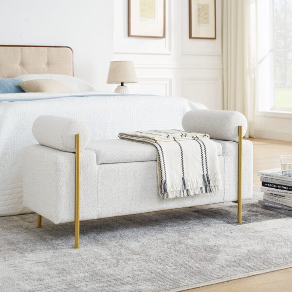 Elegant Upholstered Linen Storage Bench With Cylindrical Arms And Iron Legs - White