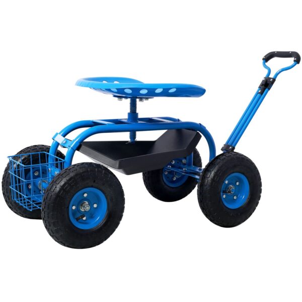 Refurbished Rolling Garden Scooter Cart With 360 Swivel Seat And Tool Tray - Blue