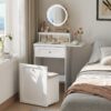 Makeup Vanity Desk With Round Mirror And Lights, 2 In 1 Nightstand, Dressing Table With A Chair - Antique White - Image 2