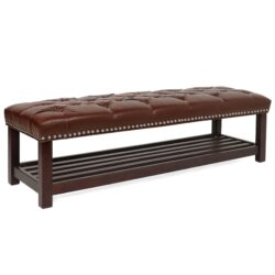 Bedroom End Of Bed Bench Tufted Upholstered End Of Bed Bench End Of Bed Entrance Shoe Bench, 60" With Nailhead Trim And Shelf Bedroom Upholstered Leather Bench Living Room Shoe Rack Footstool - Dark Brown