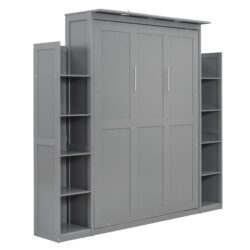 Full Size Murphy Wall Bed With Shelves And LED Lights - Gray