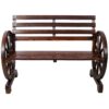 Rustic Country 2 Person Wooden Wagon Wheel Bench With Slatted Seat And Backrest - Brown - Image 4
