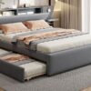 Queen Size Upholstered Platform Bed With Reading Lights, Drawers, Trundle And Shelves - Gray - Image 27