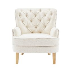 Vintage Style Club Chair, Granular Plush Fabric, Rubber Wood Legs - Almond