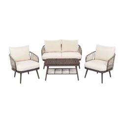 4 Piece Outdoor Patio Furniture Set, Metal Chairs With Woven Rope U Shaped Backrest, Outdoor Conversation Set With Thick Cushions And Coffee Table For Garden, Poolside, Balcony - Brown / Beige