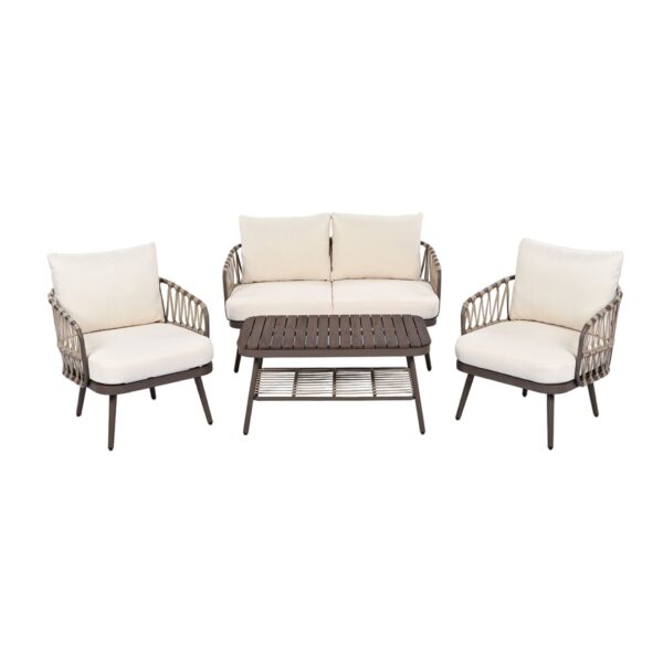 4 Piece Outdoor Patio Furniture Set, Metal Chairs With Woven Rope U Shaped Backrest, Outdoor Conversation Set With Thick Cushions And Coffee Table For Garden, Poolside, Balcony - Brown / Beige