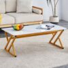 Modern Marble Pattern Coffee Table With Metal Legs, Sintered Stone Surface - White / Gold - Image 6