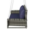 2 Person Wicker Hanging Porch Swing With Chains, Cushion, Pillow, Rattan Swing Bench For Garden, Backyard - Gray / Blue - Image 7