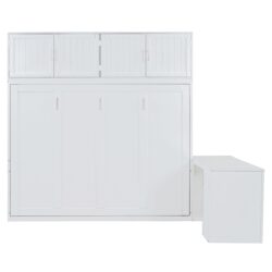 Queen Size Wall Murphy Bed With Desk And Storage Shelves And Big Cabinets - White