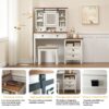 Farmhouse Makeup Vanity Desk With Adjustible LED Lighted Mirror And Charging Station For Bedroom, Dressing Vanity Table With Side Cabinet And Cushioned Stool - White - Image 6