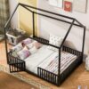 Full Size Metal House Bed With Fence And Door - Black - Image 5