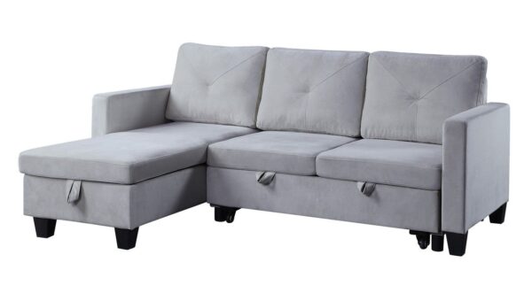Nova - Velvet Reversible Sleeper Sectional Sofa With Storage Chaise - Light Gray