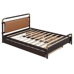 Queen Size Storage Platform Bed, With 2 Big Drawers, Twin Long Size Trundle - Walnut