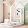 Twin House-Shaped Roof Headboard Floor Bed, (Without Slats) - White - Image 10