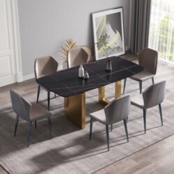 70.87" Modern Artificial Stone Black Curved Metal Leg Dining Table - Black / Gold