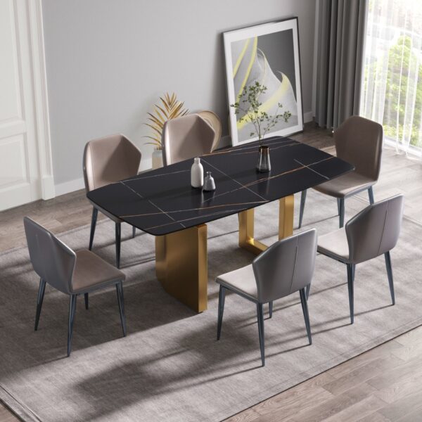 70.87" Modern Artificial Stone Black Curved Metal Leg Dining Table - Black / Gold