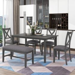 6 Piece Kitchen Dining Table Set Wooden Rectangular Dining Table, 4 Chairs And Bench Family Furniture - Gray