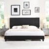 King Size Upholstered Platform Bed Frame With Linen Fabric Headboard, No Box Spring Needed, Wood Slat Support - Black - Image 4