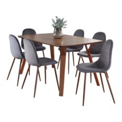 Folia Pebble - 7 Piece Mid-Century Modern Dining Set - Walnut / Gray