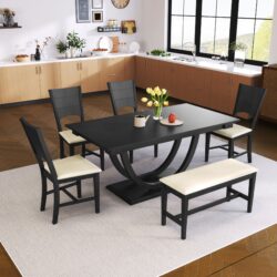 Topmax - 6 Piece Wood Half Round Dining Table Set Kitchen Table Set With Long Bench And 4 Dining Chairs, Modern Style - Gray