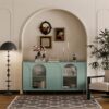 Accent Cabinet Lacquered Wooden Cabinet With 4 Glass Doors Sideboard Buffet Server Cabinet Storage Cabinet, For Living Room, Entryway, Hallway, Office, Kitchen And Dining Room - Mint Green - Image 2
