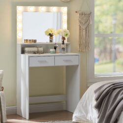 Vanity Desk With Mirror And Lights, Dressing Table With Large Drawer, 2 Level Storage Dresser & 3 Lighting Modes Adjustable Brightness, Suitable For Bedroom - White