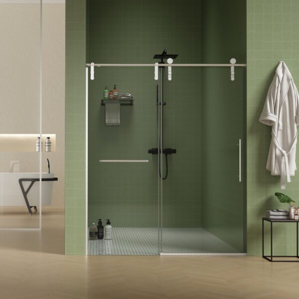 Frameless Shower Door, Sliding Shower Door, Premium 5 / 16" (8Mm) Thick Tempered Glass Shower Enclosure With Towel Bar, Double Side Easy Clean Coat, Finished With Buffer - Brushed Nickel