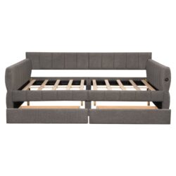 Queen Size Upholstered Platform Bed With USB And 2 Drawers, Lambswool Material - Gray
