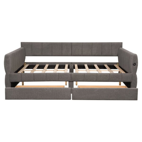 Queen Size Upholstered Platform Bed With USB And 2 Drawers, Lambswool Material - Gray
